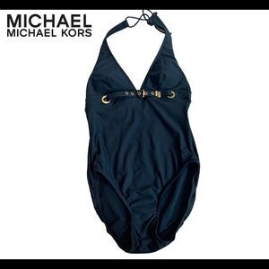 Michael Michael Kors black halter top one piece swimsuit belted gold hardware 8